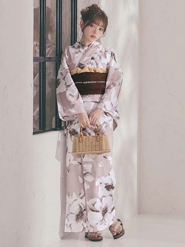 画像4: 【即日発送】モカブラウンアンティークブーケ浴衣【浴衣３点セット 浴衣/帯/下駄】[OF04] (4)