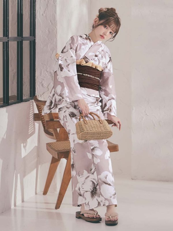 画像9: 【即日発送】モカブラウンアンティークブーケ浴衣【浴衣３点セット 浴衣/帯/下駄】[OF04] (9)