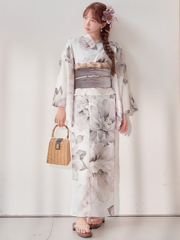 画像2: 送料無料！グレージュニュアンスピオニー浴衣【浴衣３点セット 浴衣/帯/下駄】[OF04]【予約 / 4月上旬発送予定】 (2)