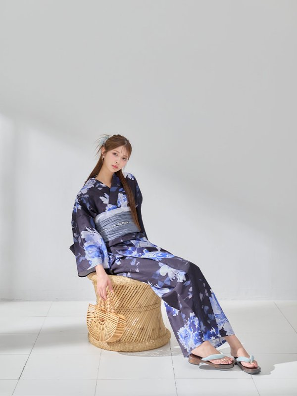 画像11: 【即日発送】大人ネイビー牡丹浴衣【浴衣３点セット 浴衣/帯/下駄】[OF04] (11)