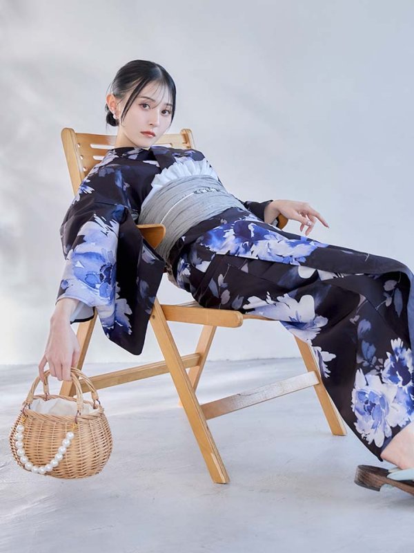 画像9: 【即日発送】大人ネイビー牡丹浴衣【浴衣３点セット 浴衣/帯/下駄】[OF04] (9)