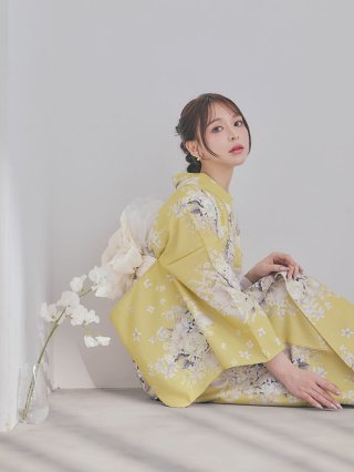 即日発送】淡色イエローフラワー浴衣【浴衣3点セット 浴衣/帯/下駄