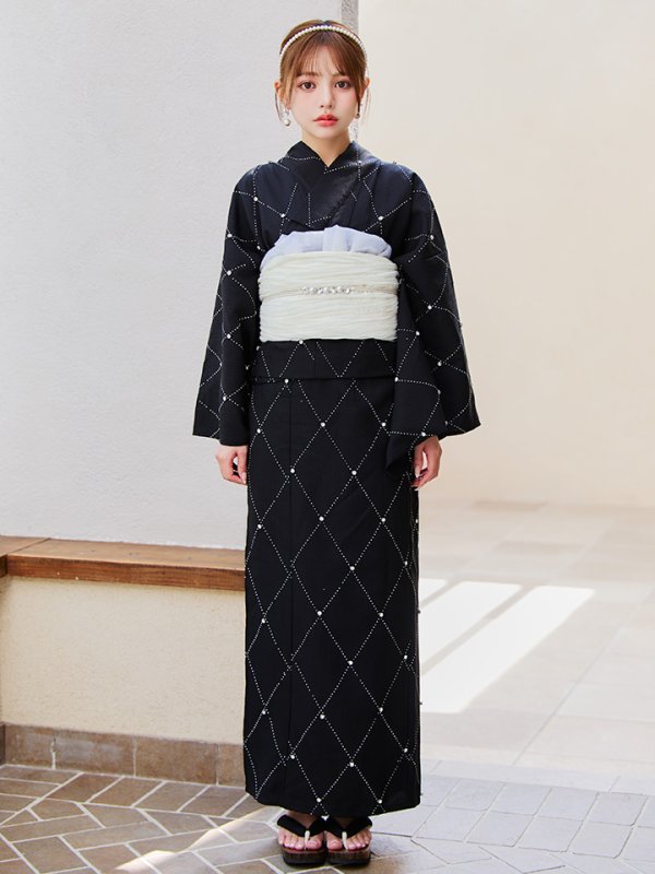 画像4: 【即日発送】セパレートアーガイルビジュー浴衣【浴衣4点セット 浴衣/帯/下駄】[OF04] (4)