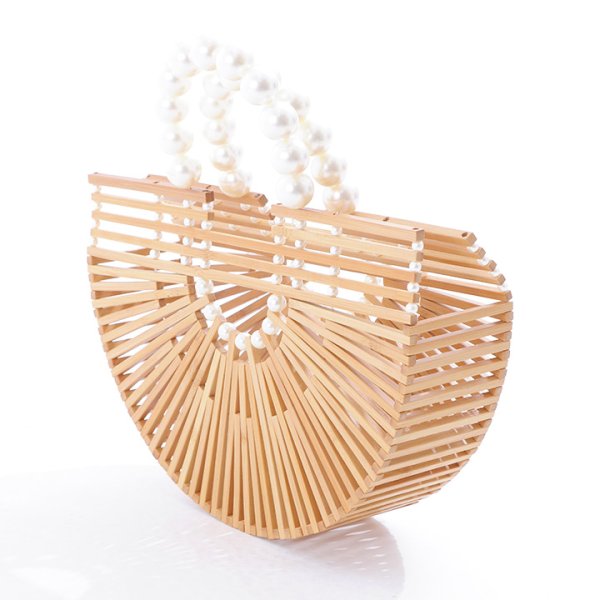 画像2: パールハンドル付き竹編み半円カゴバッグ[OF03] (2)