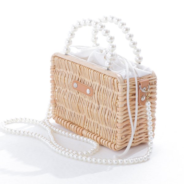 画像2: パールハンドル付きランタン編み長方形カゴバッグ[YMT] (2)