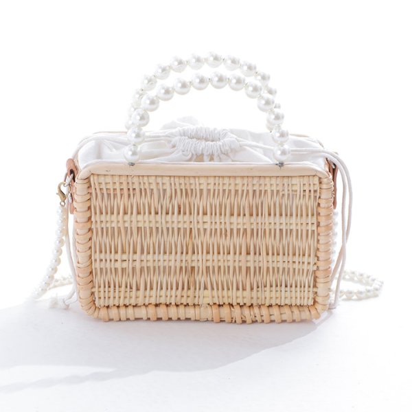 画像3: パールハンドル付きランタン編み長方形カゴバッグ[YMT] (3)