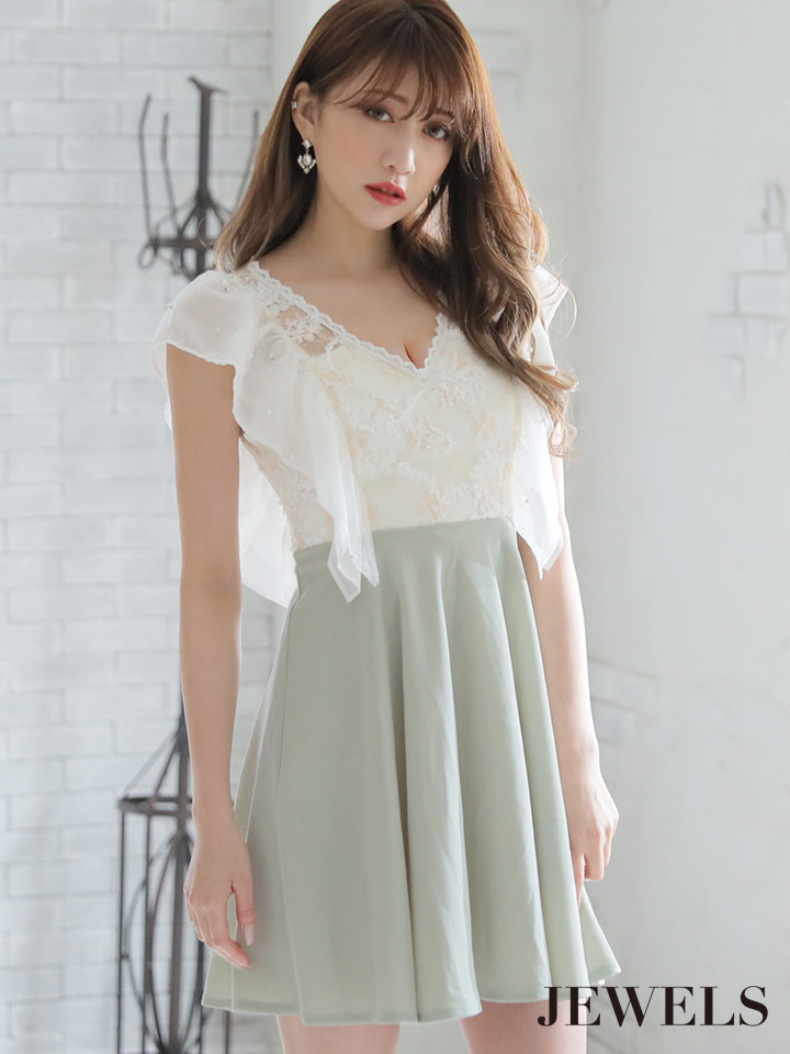 フレアースリーブaラインドレス フラワーレース パール 谷間見せ キャバドレス ミニドレス S Lサイズ 1カラー Of04 Tn