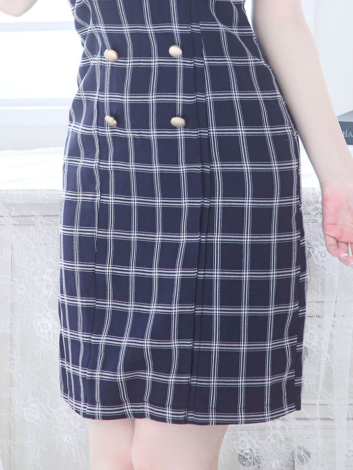 SALE!チェック柄タイトミニドレス/ダブルボタン/ノースリーブ/金