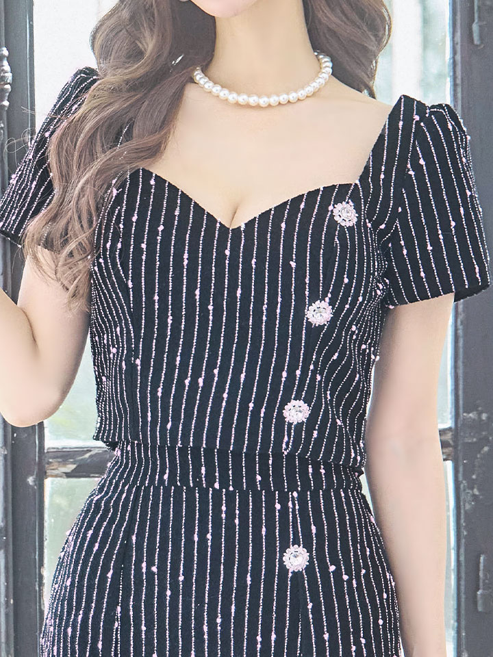 Jewels ネイビー セットアップ ミニドレス SALE!セットアップストライプミニドレス/2ピース/谷間見せ/背中