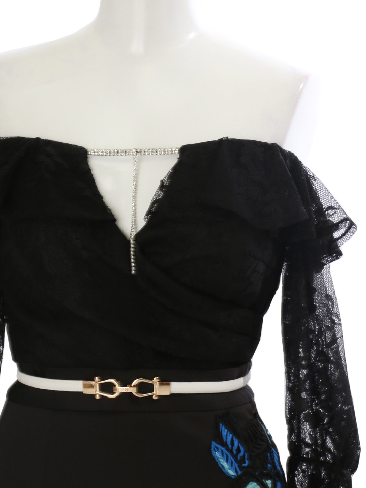 ネイビーフィオーリ レーススリーブ フラワー刺繍 谷間魅せ オフショルダー S Lサイズ 1カラー Of08 Yn Dz