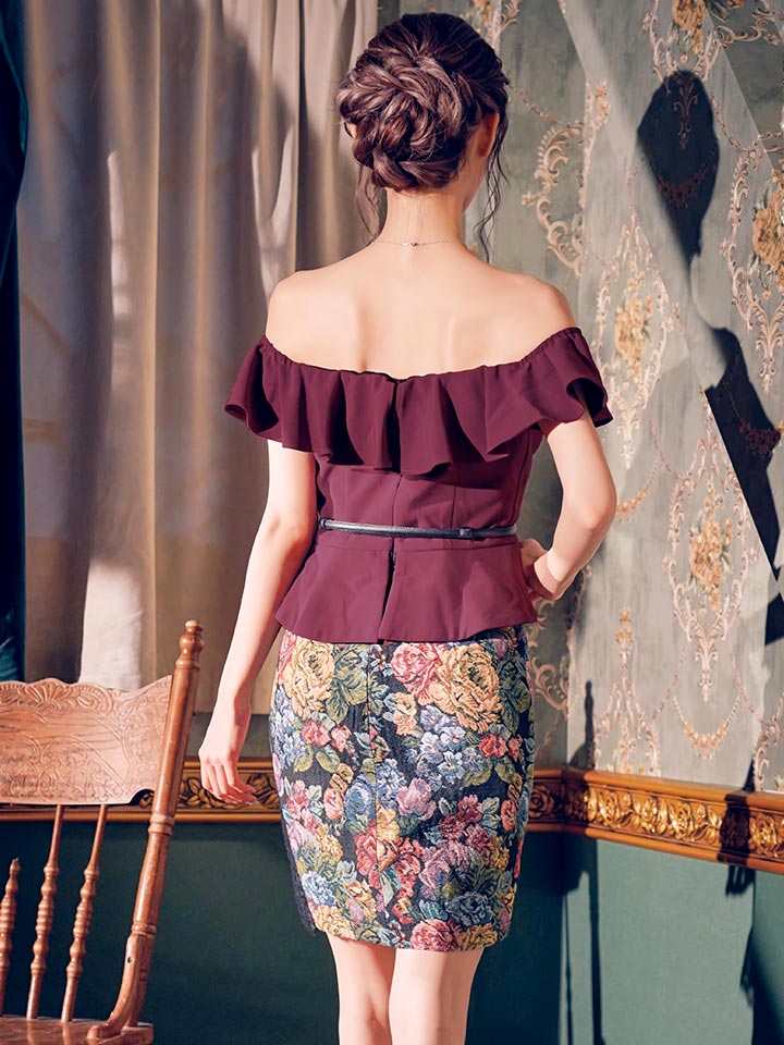 ロマンティックヴィンテージオフショルペプラムドレス 谷間見せ ゴブラン ジップ キャバドレス ミニドレス S Xlサイズ 1カラー Of08