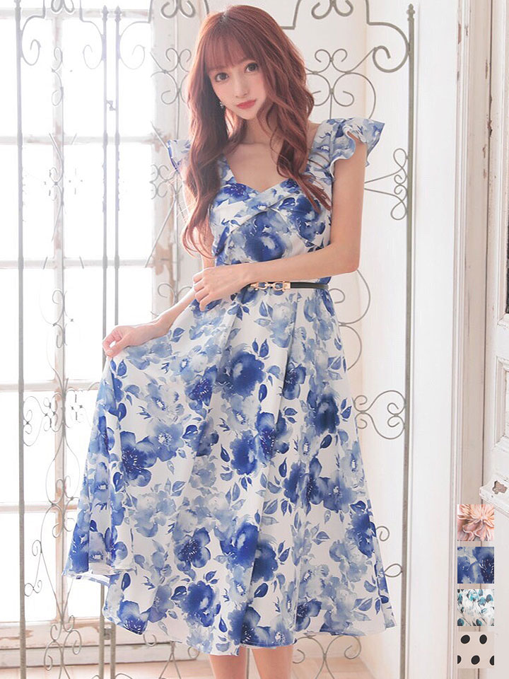 再入荷 ブルー花柄 フロントツイスト ミディアム丈 ワンピースー フリルショート袖 ベルト 背中魅せ キャバドレス S Lサイズ 4カラー Of08 X Yn