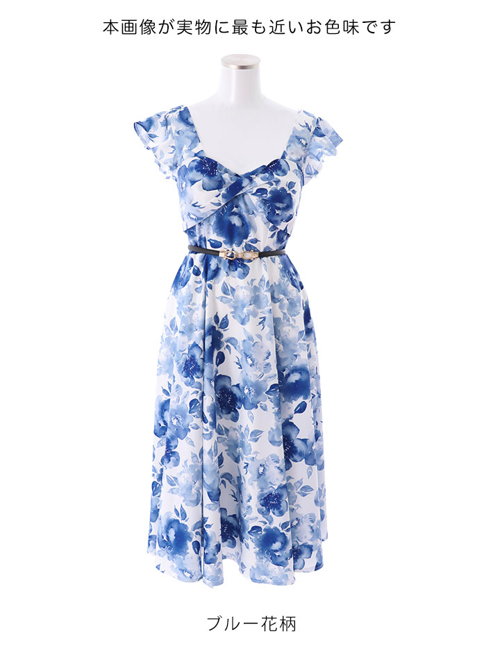 再入荷 ブルー花柄 フロントツイスト ミディアム丈 ワンピースー フリルショート袖 ベルト 背中魅せ キャバドレス S Lサイズ 4カラー Of08 X Yn