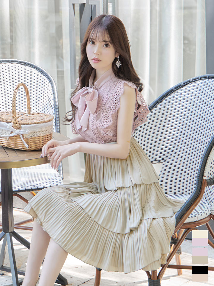 再入荷 バイカラーティアードワンピースドレス レース リボン プリーツ フレアー ワンピース ベルト 無地 胸元隠し 背中隠し ミディアム丈 キャバドレス S Xlサイズ 3カラー Of08 X Yn Dz