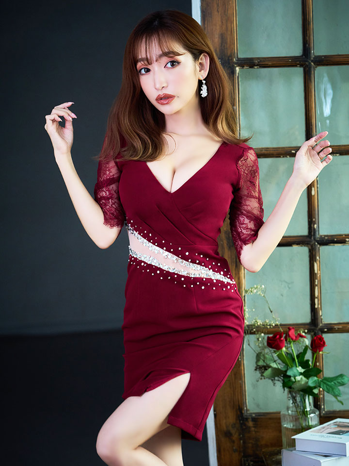 新色登場！肌見せ風カットドレス/ビジュー/谷間見せ/ミニドレス/キャバ  