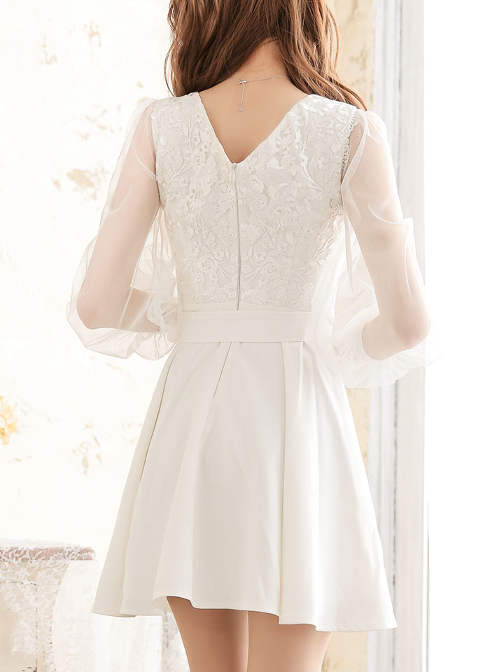 花柄刺繍フレアードレス/チュール/リボンベルト/谷間見せ/フレアー