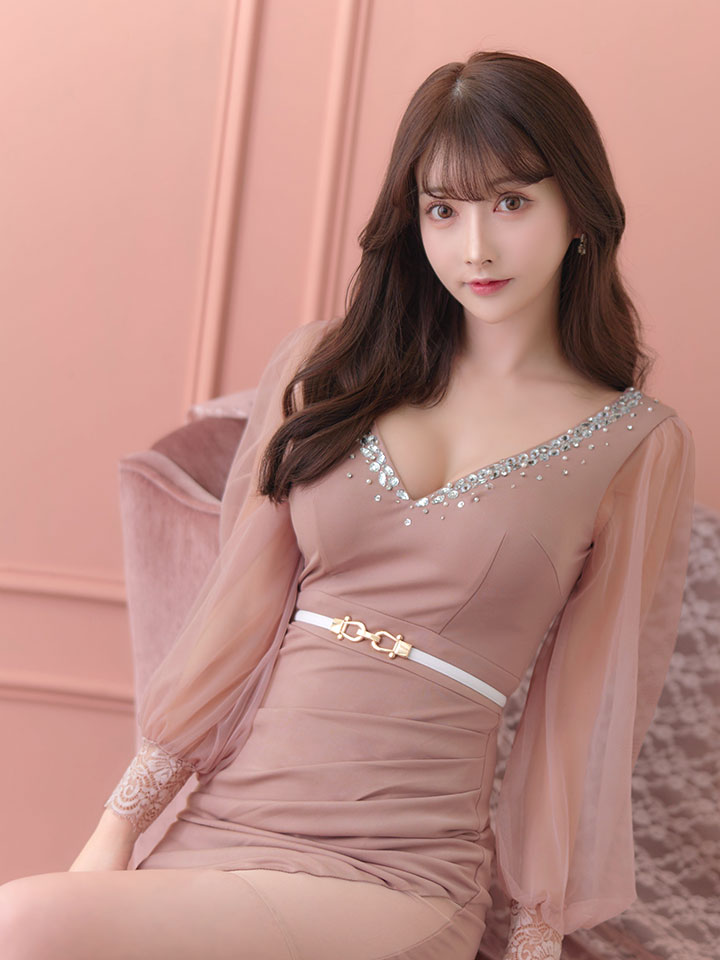 再入荷！ビジューチュールスリーブスイートピンクドレス/ワンカラー 