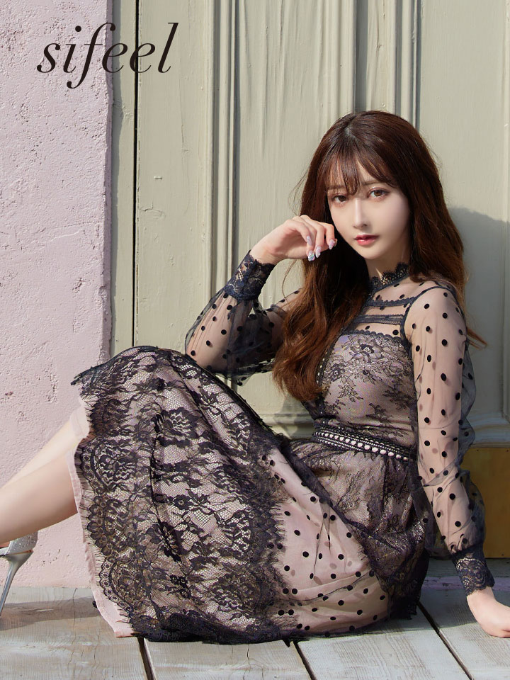 Sifeel シフィール 刺繍レースワンピースドレス ドット柄 Aライン チュール ロングスリーブ 胸元隠し ミディアムドレス キャバドレス S Xlサイズ 1カラー Of03 Yn Dzw