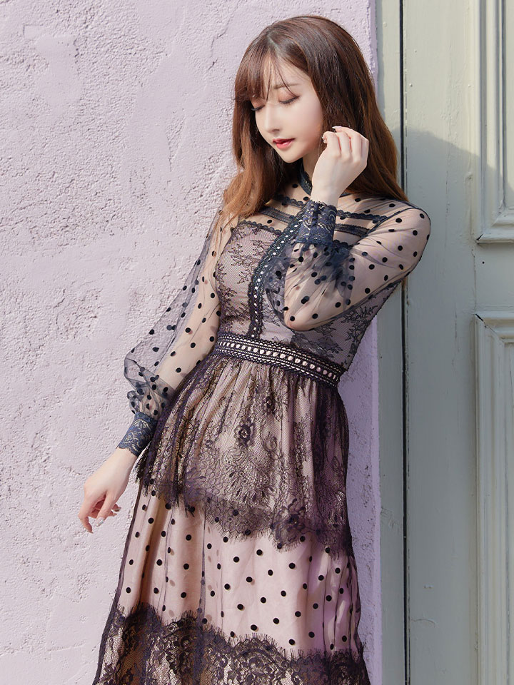 Sifeel シフィール 刺繍レースワンピースドレス ドット柄 Aライン チュール ロングスリーブ 胸元隠し ミディアムドレス キャバドレス S Xlサイズ 1カラー Of03 Yn Dzw