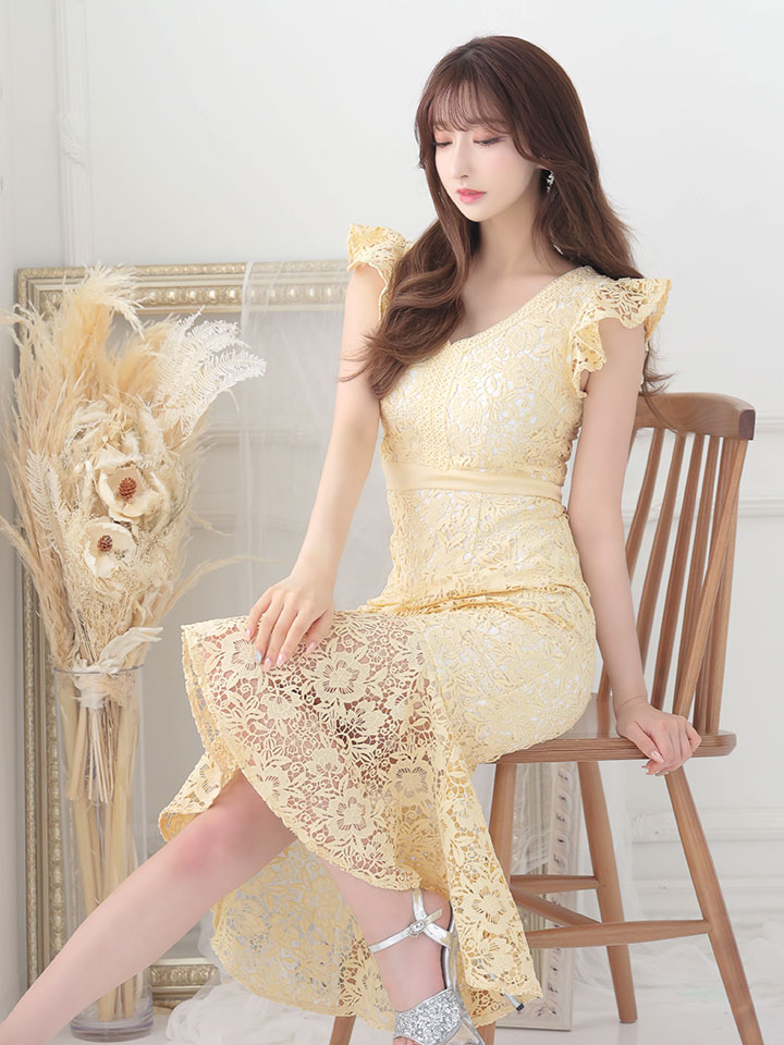 Sifeel シフィール 花柄刺繍総レースワンピースドレス フリル 胸元隠し 背中隠し ワンピース マーメイドスカート ミディアムドレス キャバドレス S Lサイズ 2カラー Of03 X Yn Dzw