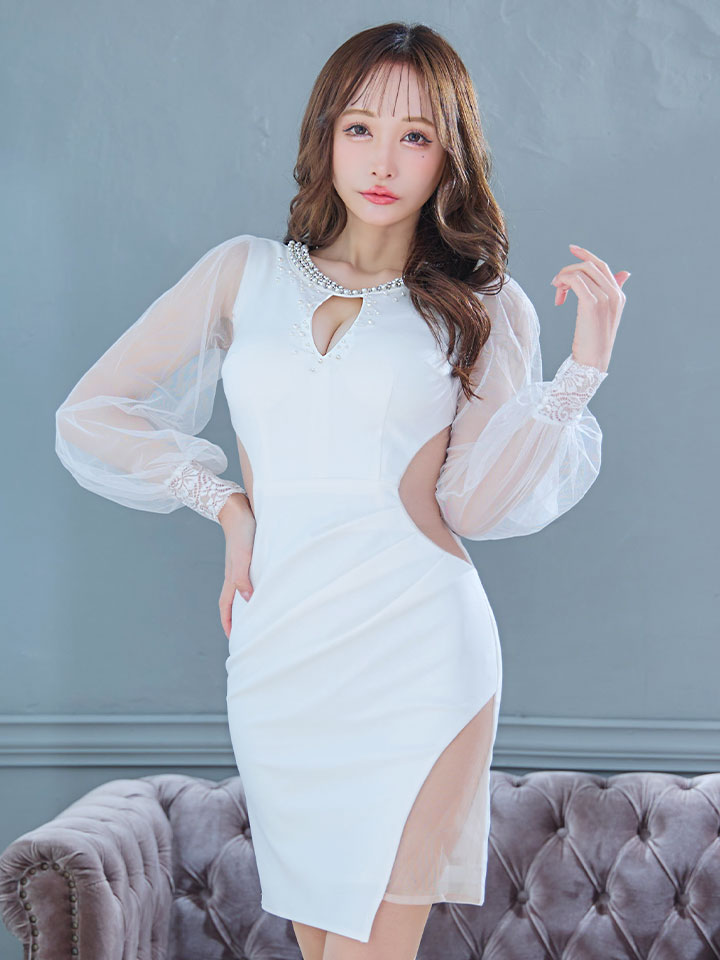 チュールスリーブドレス/ビジュー/谷間見せ/ミニドレス/キャバドレス  