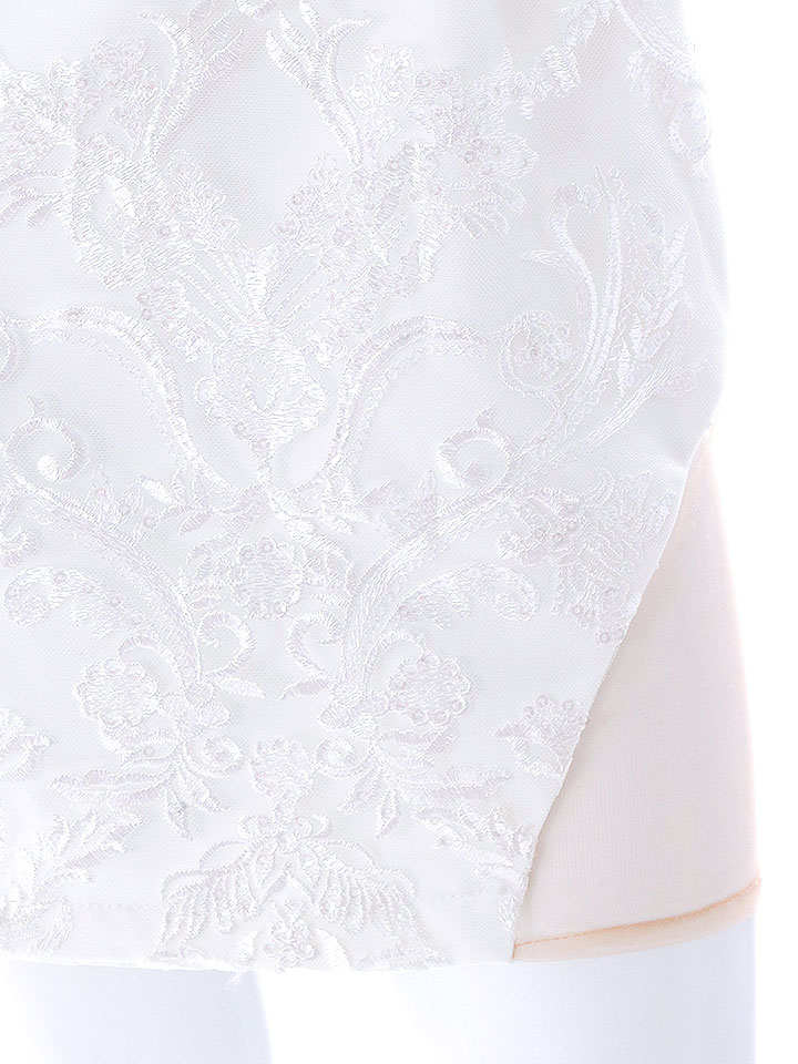 刺繍レースホワイトドレス/フロントファスナー/チュール/タイト/胸元 
