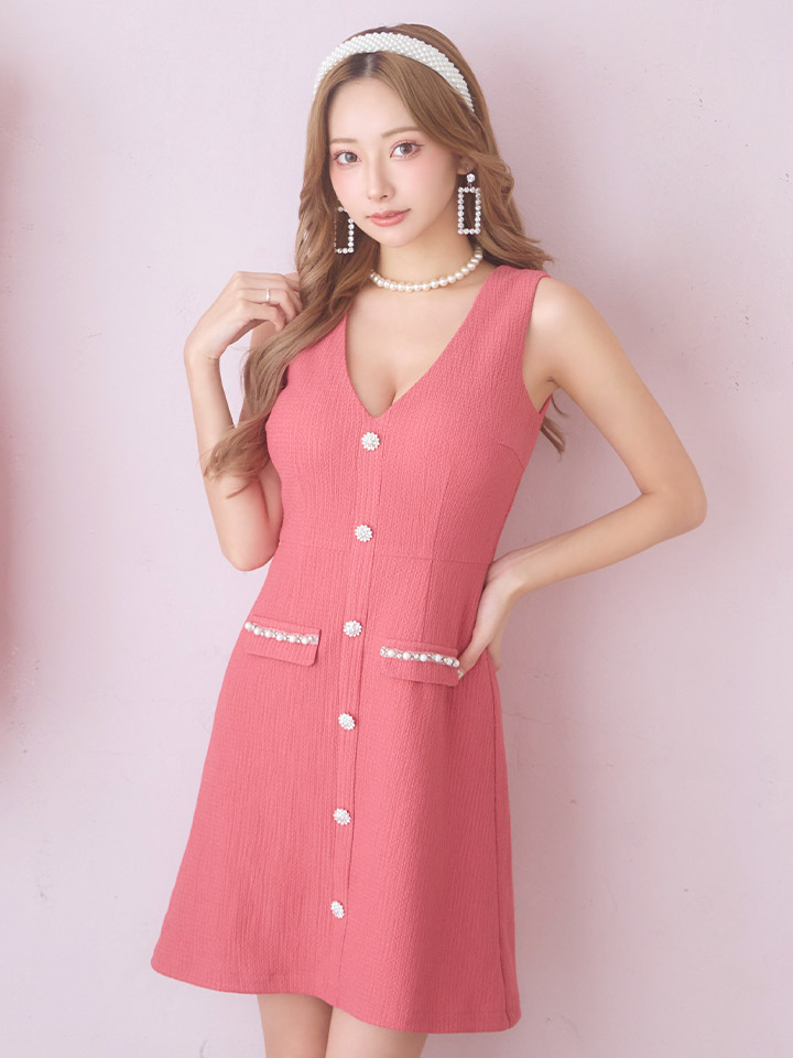 【SALE】キッドモヘア ミニドレス SALE!ノースリーブAラインミニドレス/Vカット/ボタン/谷間見せ
