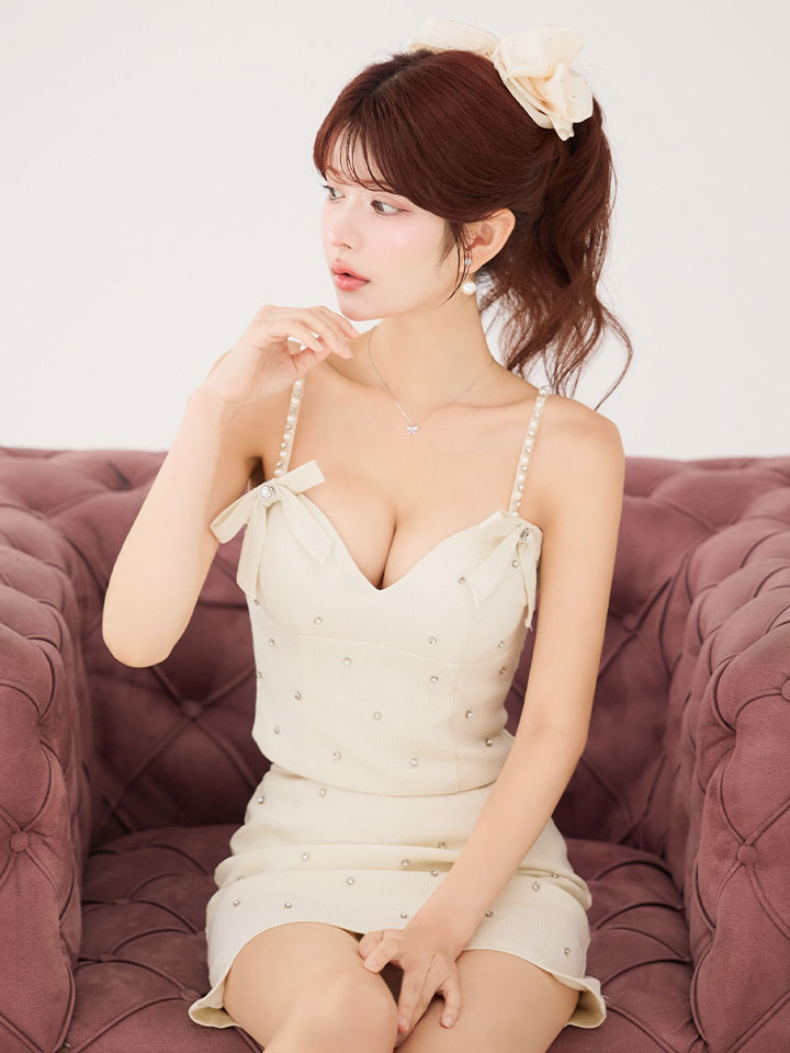 JEWELS ビジューキャミソールセットアップドレス　ホワイトXS 送料無料！】キャミソールドレス/セットアップ/リボン/ビジュー