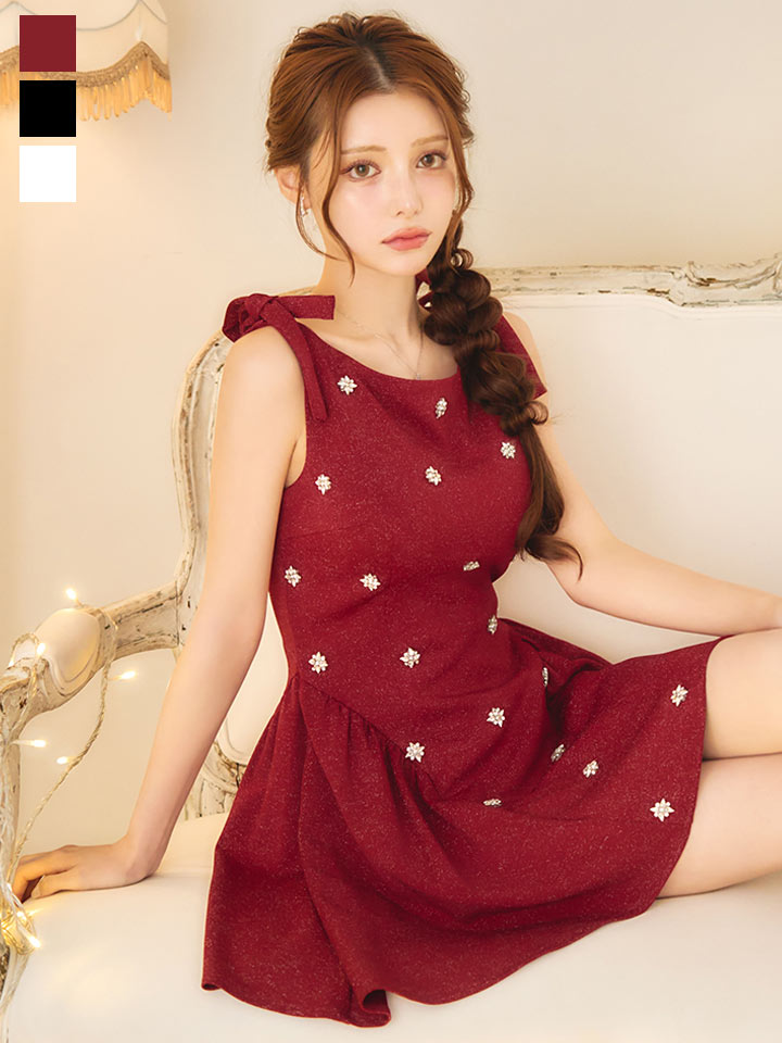 リショルダーリボンビジューフレアミニドレス/キャバドレス