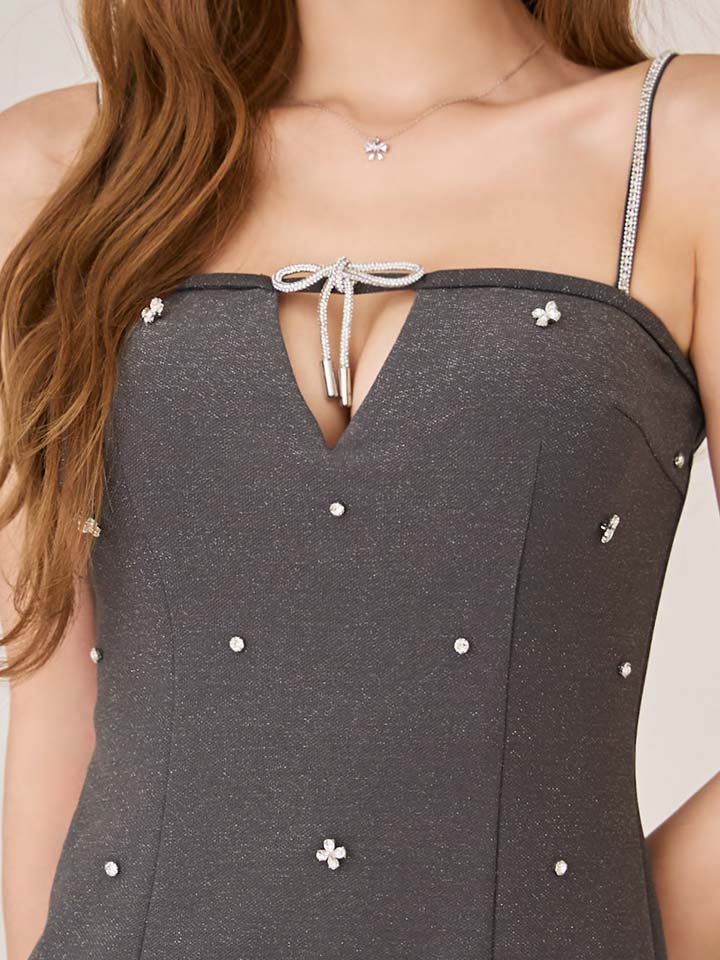 JEWELS ラメリボンキャミソールドレス/ビジュー/ミニドレス/キャバドレス 送料無料！ラメリボンキャミソールドレス/キャバドレス【XS-L