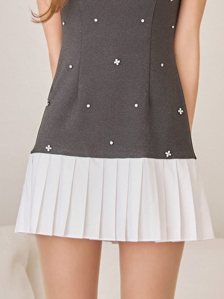 ビジューリボンキャミプリーツミニドレス/キャバドレス【XS-M