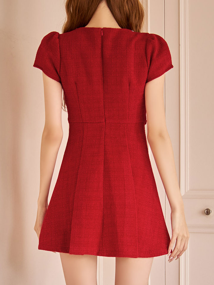 パフスリーブビジューツイードミニワンピースドレス/キャバドレス【XS