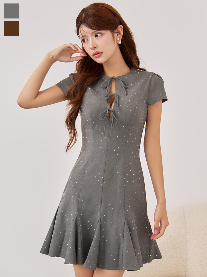 リボンビジューフレアミニドレス/キャバドレス