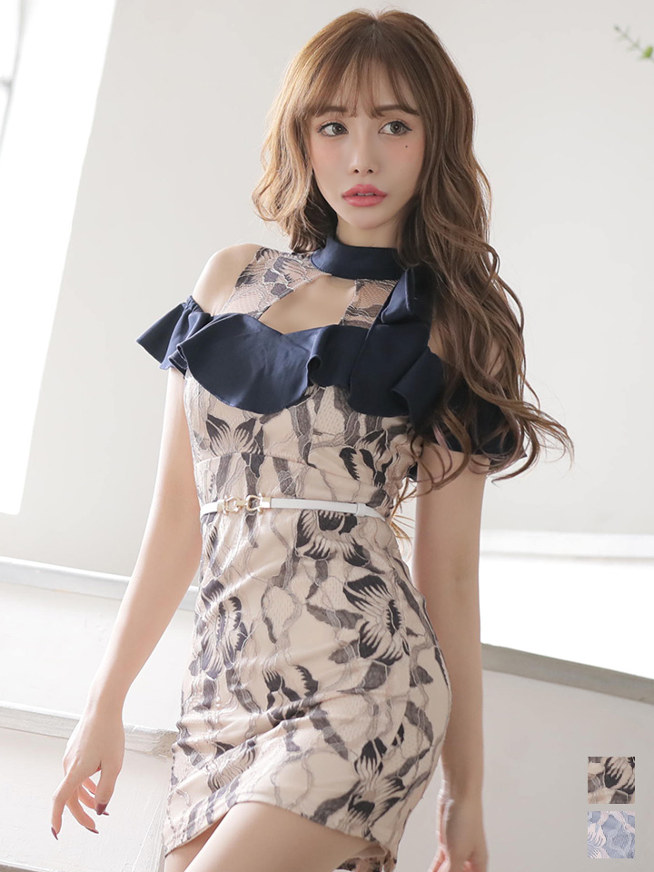 再入荷！花柄レースドレス/オープンショルダー/ネックリボン/キャバ 