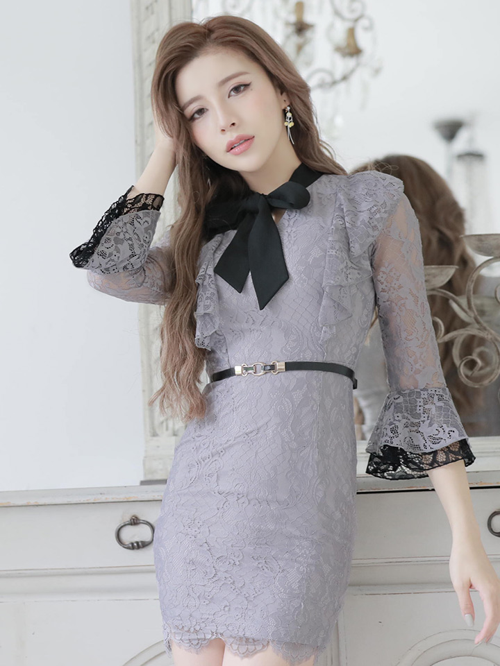再入荷!レースドレス/ネックリボン/フリル/キャバドレス/ミニドレス【S 