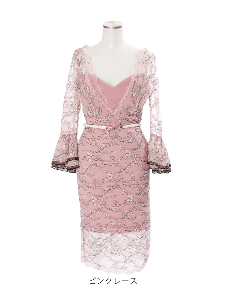 総レースワンピースドレス レース スリーブ ベルト付き キャバドレス ミニドレス S Lサイズ 2カラー Of03 Im