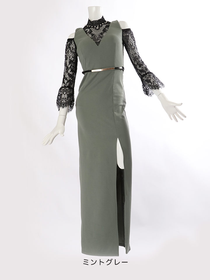 再入荷 レースハイネックスリットロングドレス 袖あり ロング ドレス キャバドレス 胸盛り 長袖 肩あき 背中透け スリット 無地 パール レース スタイルアップ S Lサイズ 2カラー Of03 Im