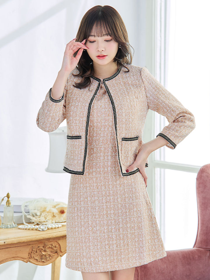 ジャケット付きツイードミニドレス/ノースリーブ/ポケット/ツイード/A  