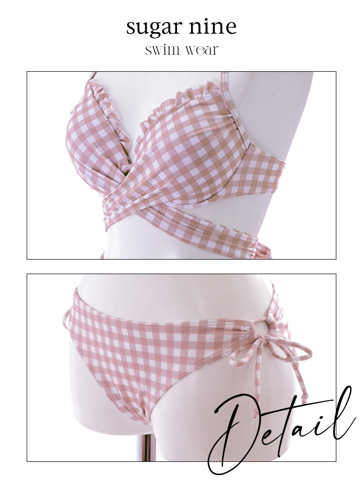 ビキニ】【水着】スカート付き2way ギンガムチェック柄 クロスビキニ 3