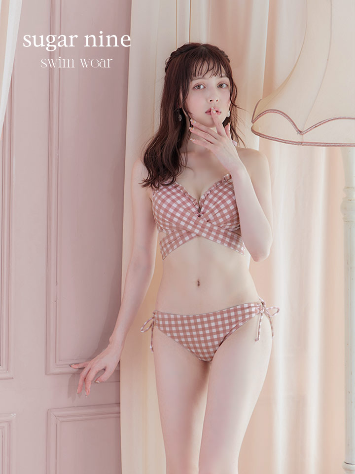 ビキニ】【水着】スカート付き2way ギンガムチェック柄 クロスビキニ 3