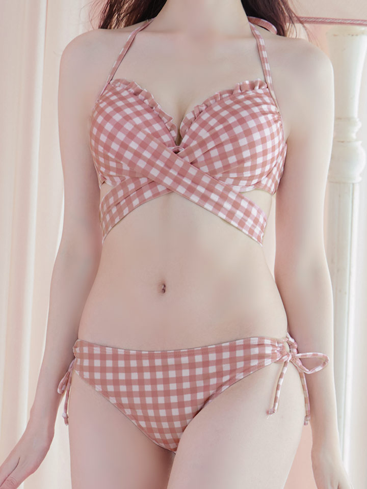 ビキニ】【水着】スカート付き2way ギンガムチェック柄 クロスビキニ 3