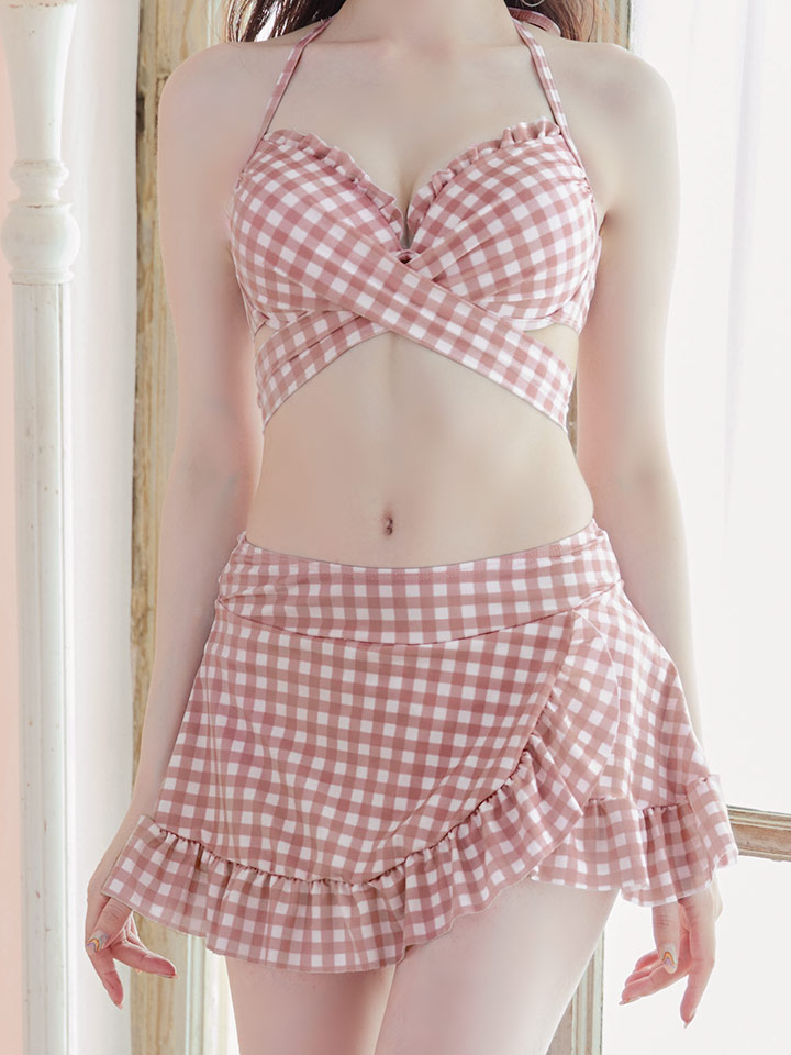 ビキニ】【水着】スカート付き2way ギンガムチェック柄 クロスビキニ 3