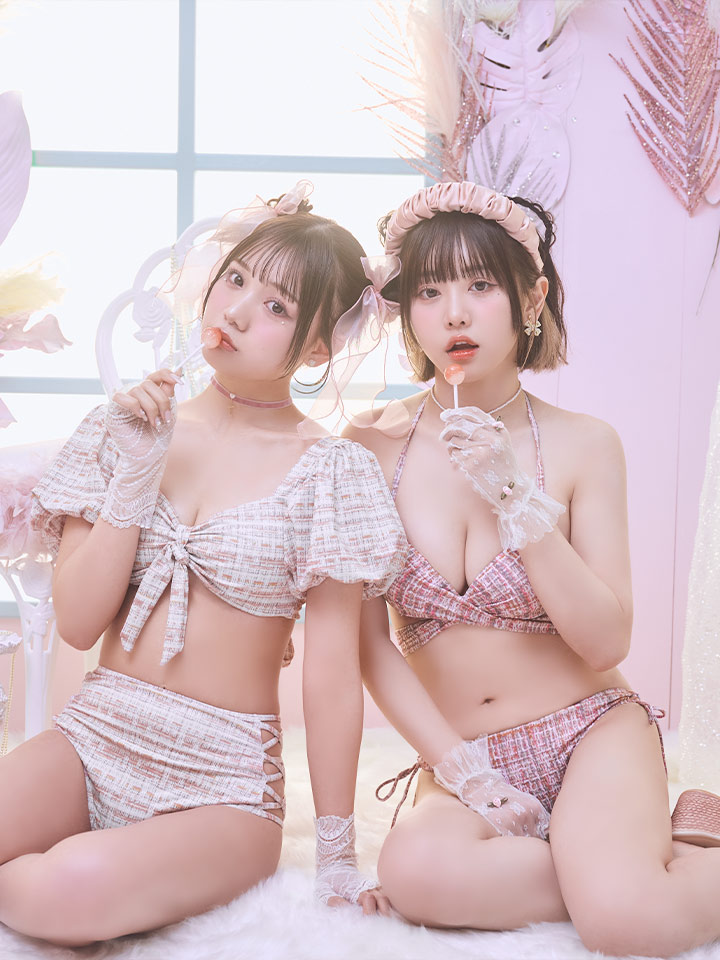 ビキニ】【水着】ツイードプリント バッククロスリボン クロスビキニ 2