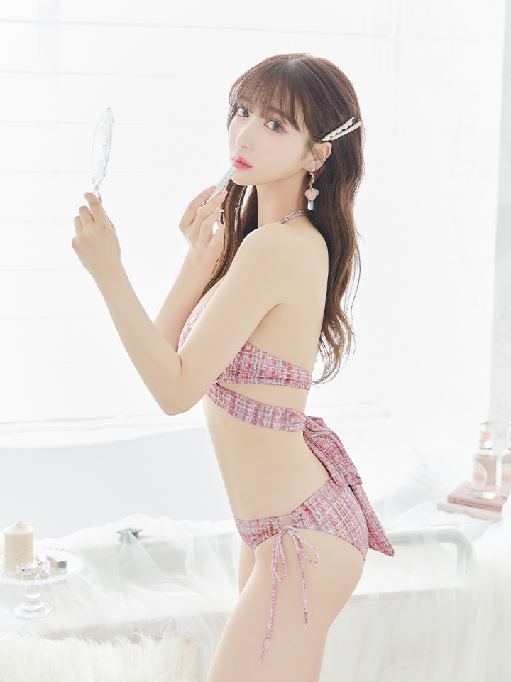 ビキニ】【水着】ツイードプリント バッククロスリボン クロスビキニ 2