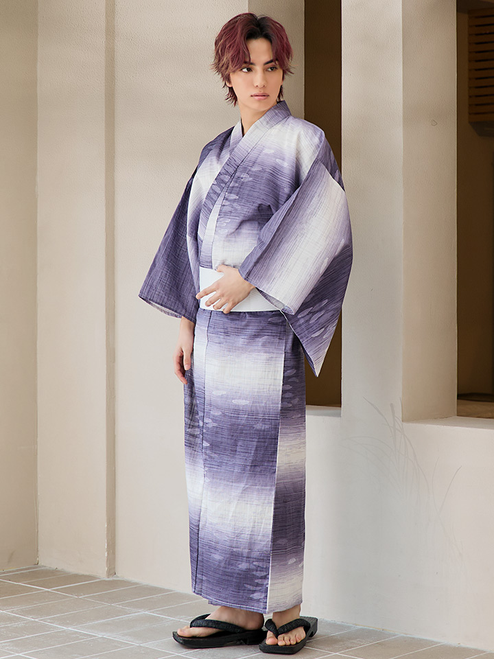 浴衣 注染 濃紺×パープル×白 単品YJ 浴衣 注染 濃紺×パープル×白 単品YJ