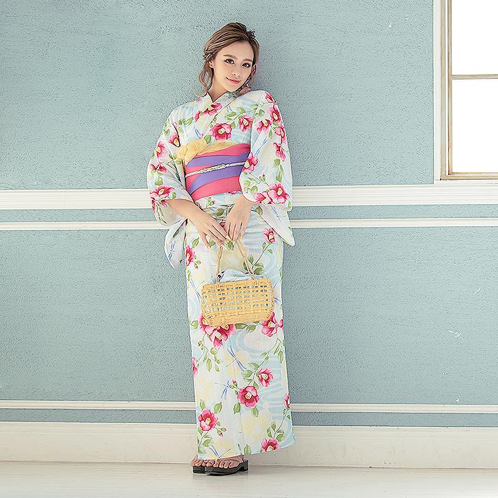 SALE!【浴衣】流水に咲き誇る椿の花模様浴衣セット（Yheko-030-BR 