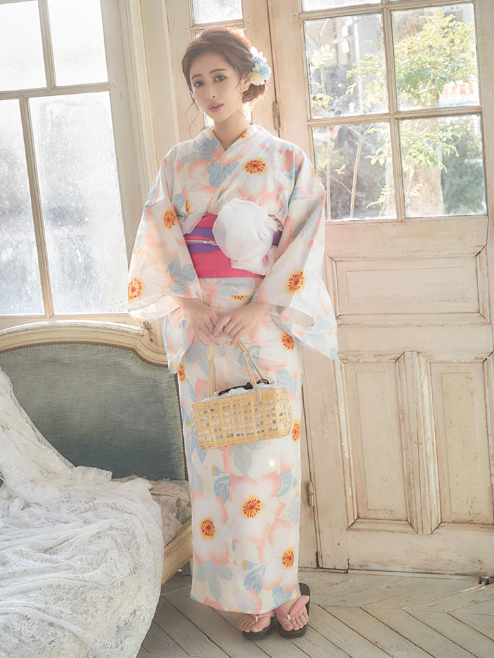 浴衣】値下げ！クリーム地x桃色花模様浴衣セット（Yobi030-WH /19himo-PL/19obi-4/CG-17-P）[HC02]_