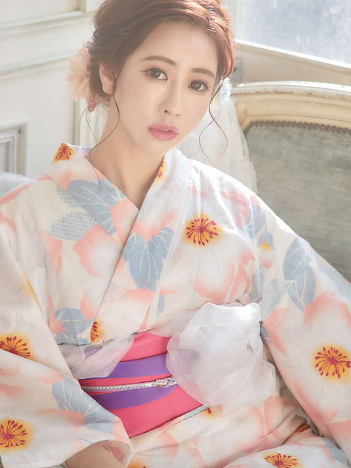 浴衣】値下げ！クリーム地x桃色花模様浴衣セット（Yobi030-WH /19himo-PL/19obi-4/CG-17-P）[HC02]_