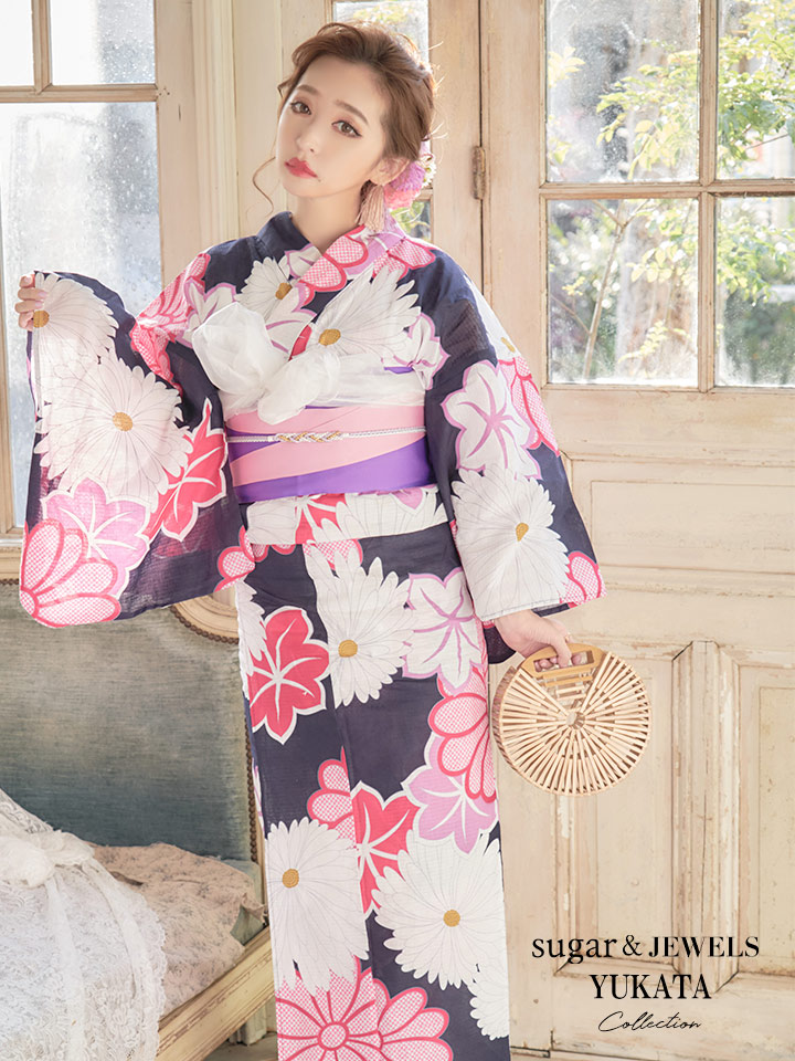 浴衣SALE】SALE!【浴衣】大輪の菊模様浴衣セット（19obi-4/Yheko030WH 19himo-P/CG-17-P）[HC02]_