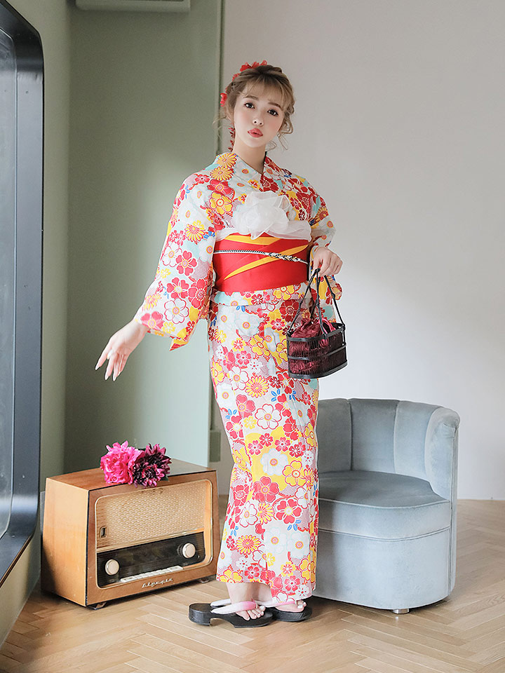 浴衣 カラフル花模様浴衣セット 19obi 1 19himo Bk Yobi 030 Wh Hc02